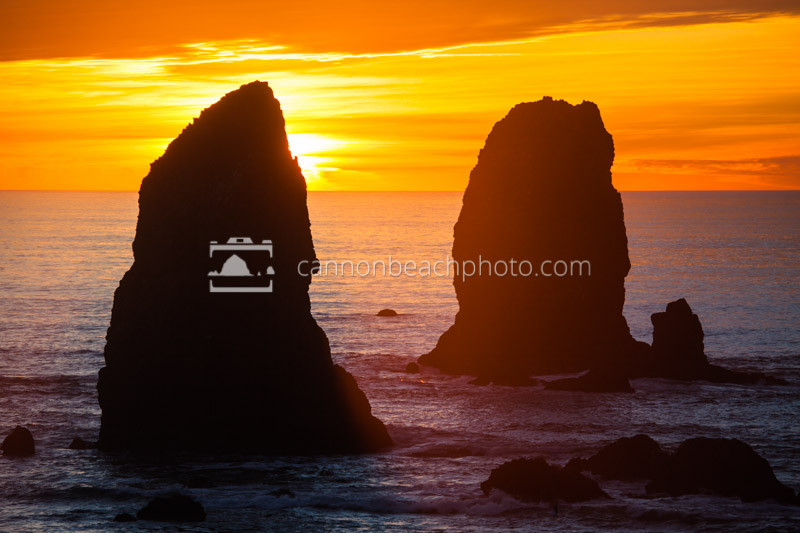 Golden Sunset with the Needles in Cannon Beach, Oregon