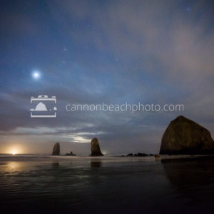 Stars and Clouds Over Haystack Rock
